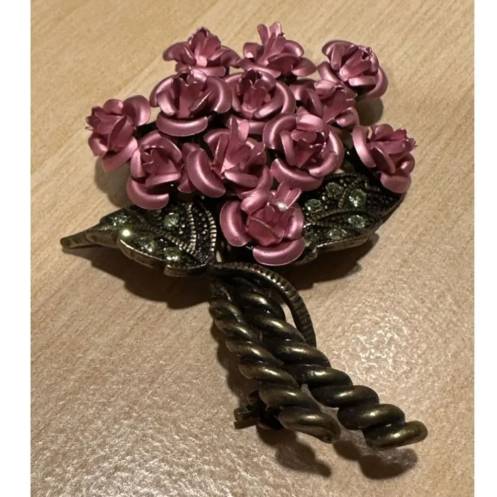 Vintage Avon Pink Enamel Rose Bouquet Brooch Pin Antique Brass Green Rhinestone